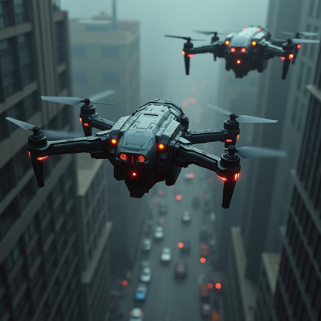 Menacing Drones Descend Upon a Futuristic Cityscape