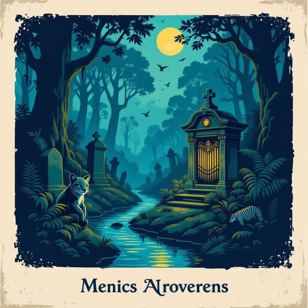 Dark Nocturnal Forest with Jaguar and Zebra