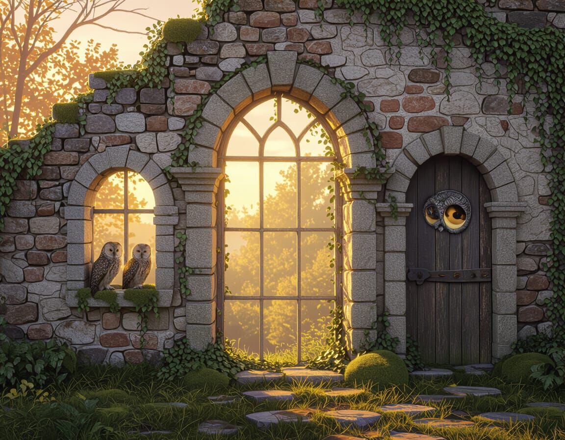Whimsical Ruin with Owls in Golden Light