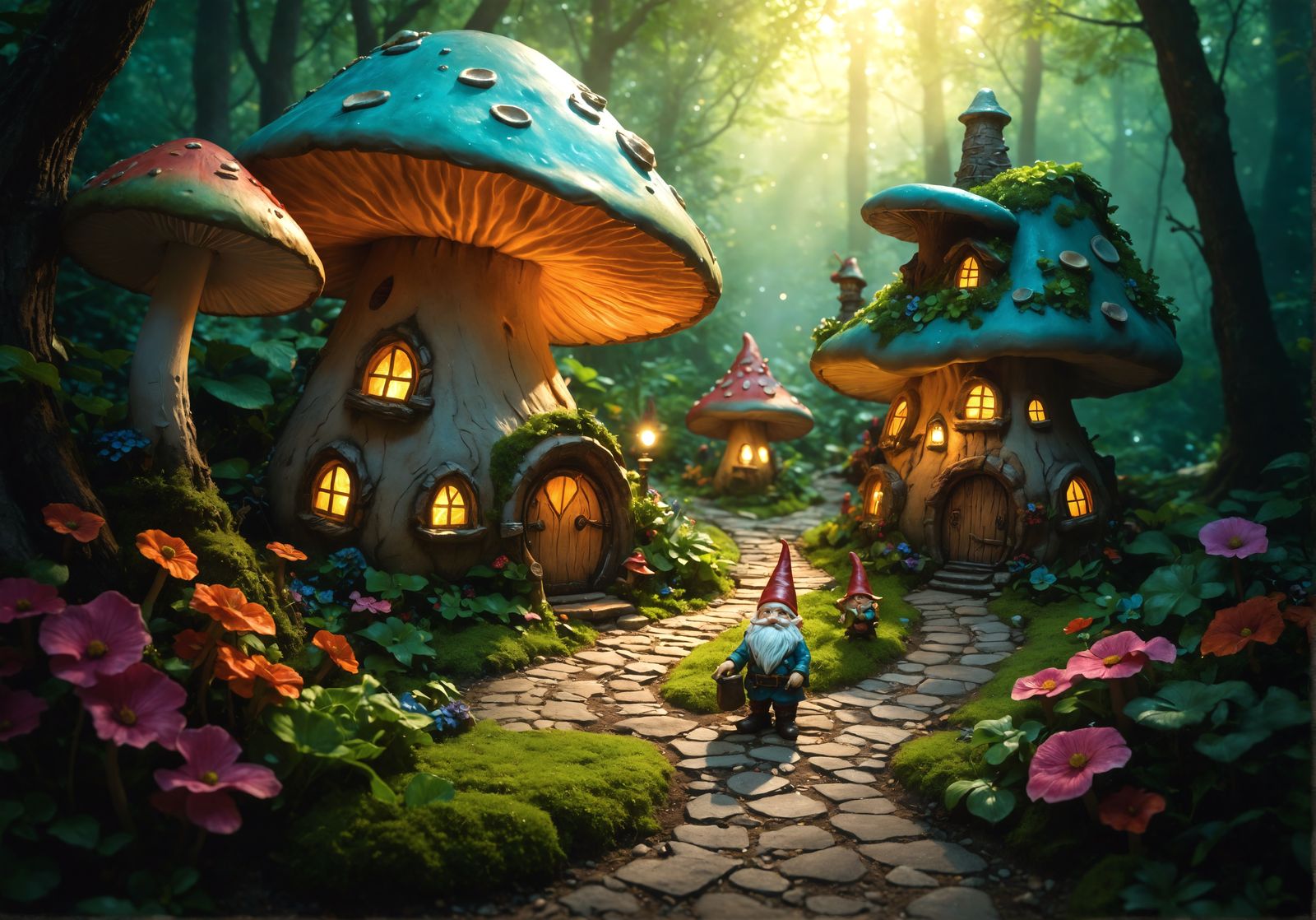 Gnome Village in Mystical Forest: Digital Watercolor Art