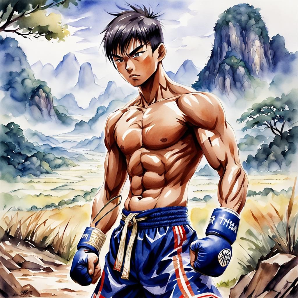 Thai Boy Muay Thai Watercolor Anime Art
