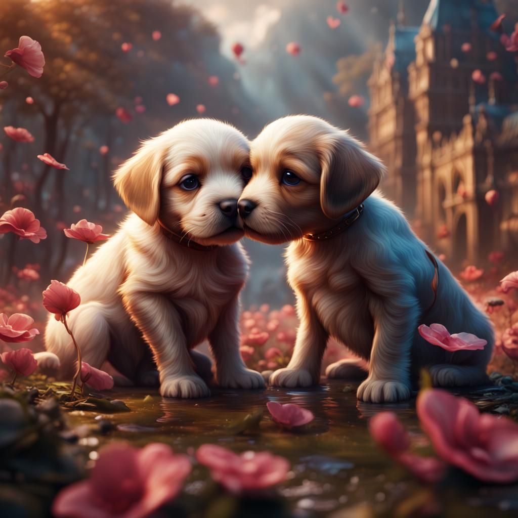 Puppies Falling in Love: Detailed Matte Painting