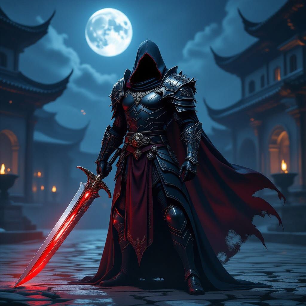 Vampire Warrior with Ancient Sword in Moonlit Courtyard