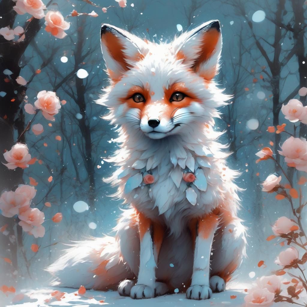 Mystical Blue Fox with Roses in Snow