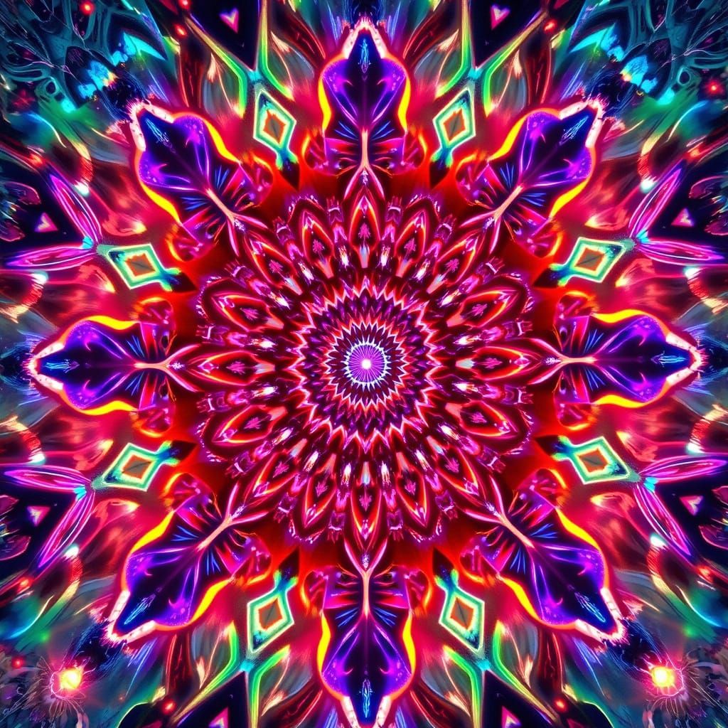 Fractal Kaleidoscopes with Neon Mandalas in Digital Art Styl...
