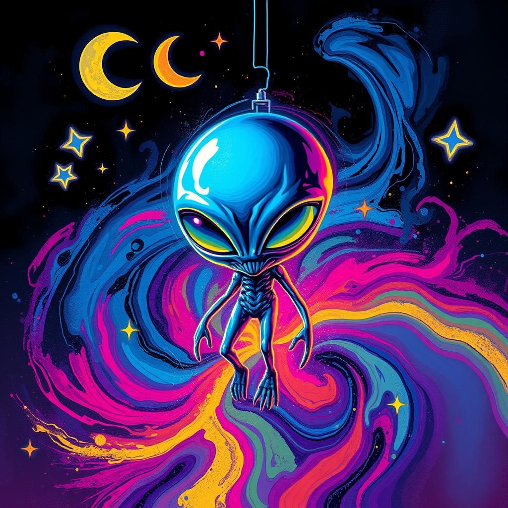 Neon Alien in Galaxy, Graffiti Art Style