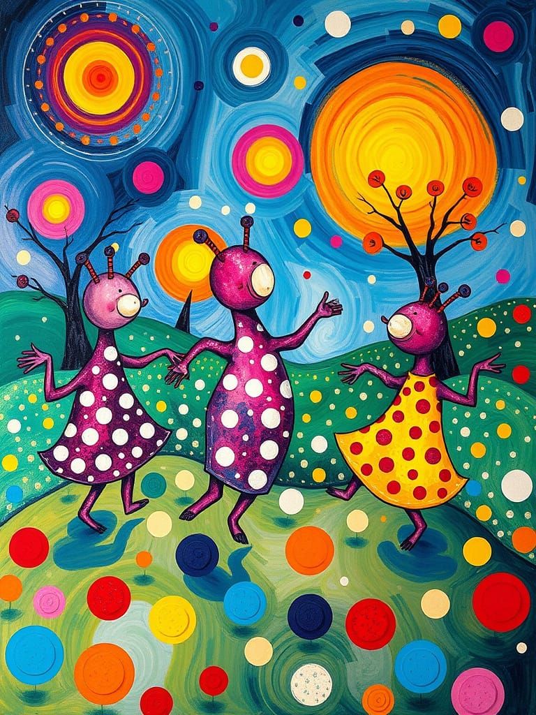 Whimsical Polka-Dotted Creatures in Dreamlike Landscape