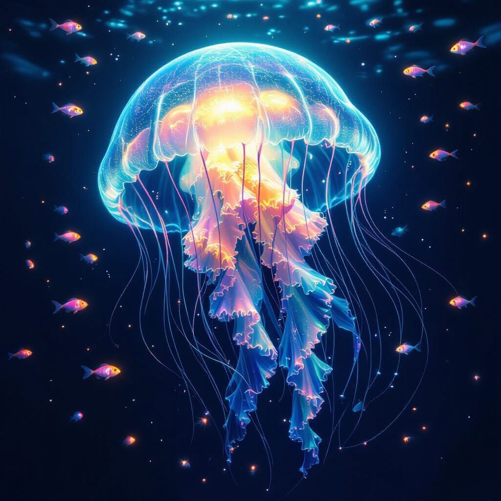 Bioluminescent Jellyfish Drifting Through Mystical Ocean