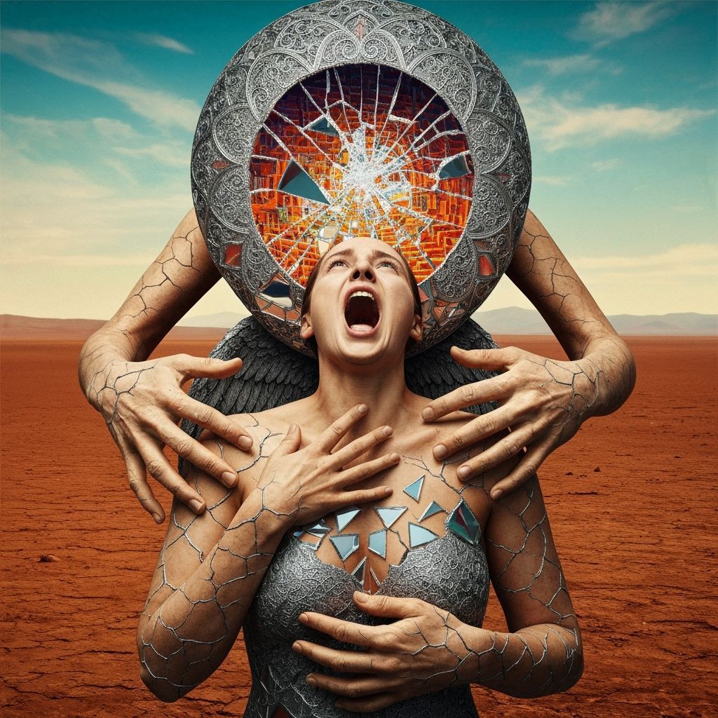 Surreal Figure Embracing Angel of Remembrance in Mirror Maze