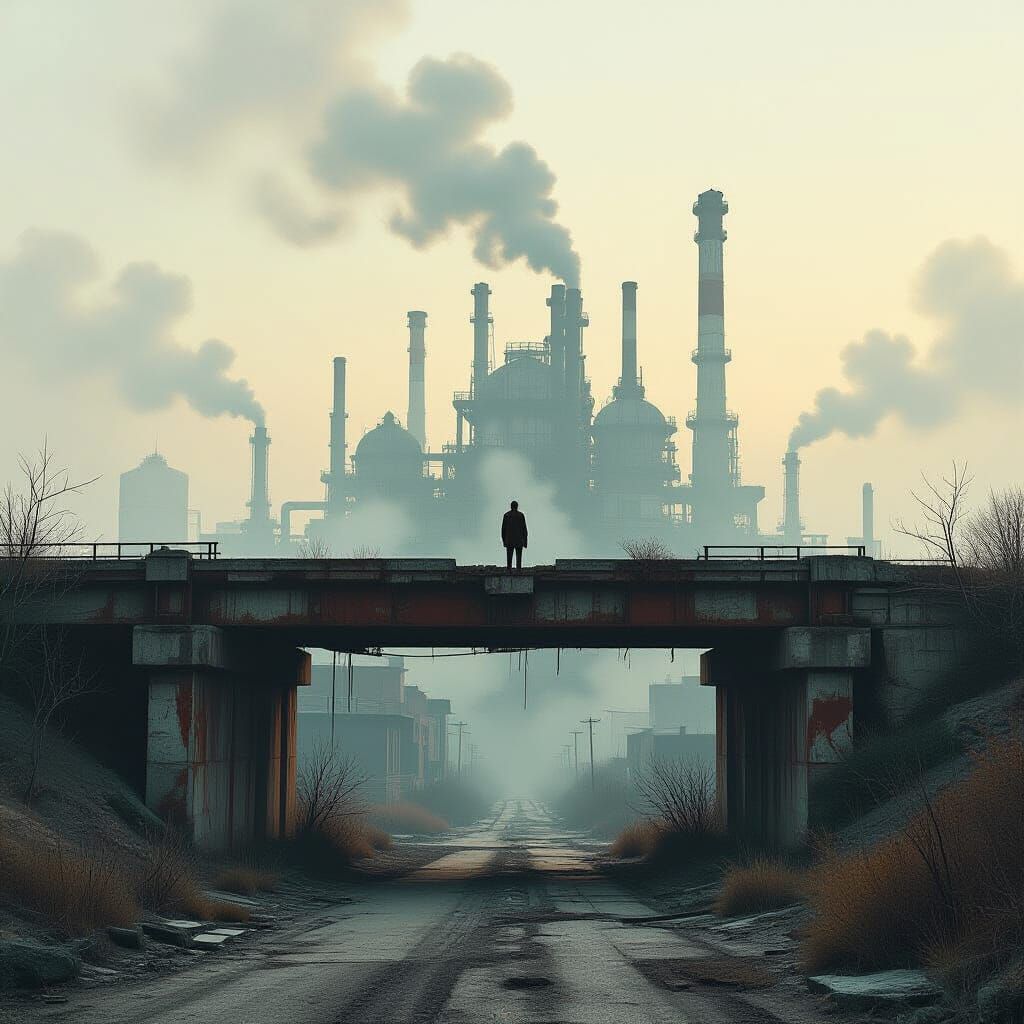 Solitary Figure Overlooking Decaying Industrial City