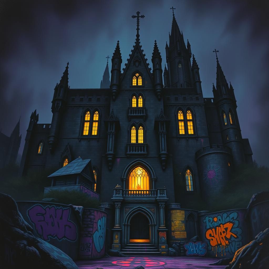Gothic Castle with Graffiti in Dark Fantasy Style