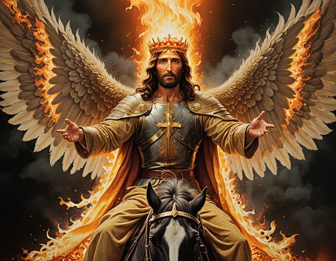 Fiery Divine Figure on Horseback with Golden Sword