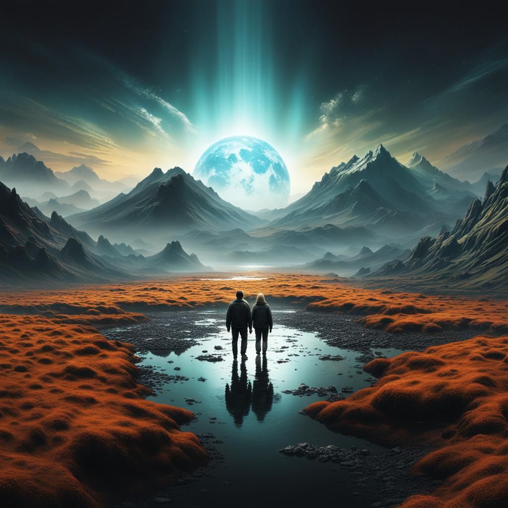 Figures on a Dark Planet Gaze at Shining Horizons