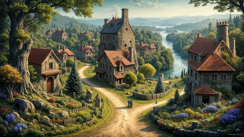 Miniature Village on Painter's Palette, Evocative Moonlight