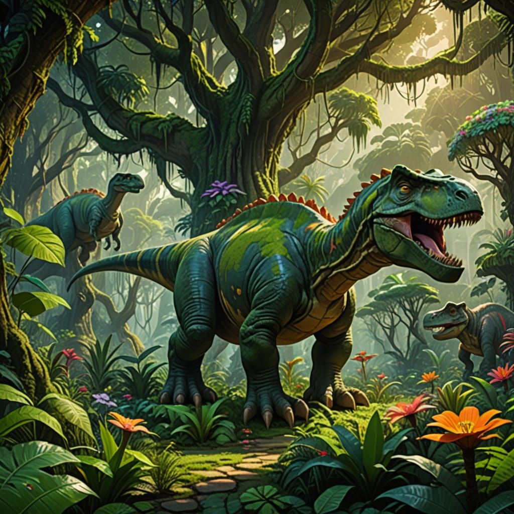 Dinosaurs and Humans in Lush Prehistoric Jungle City