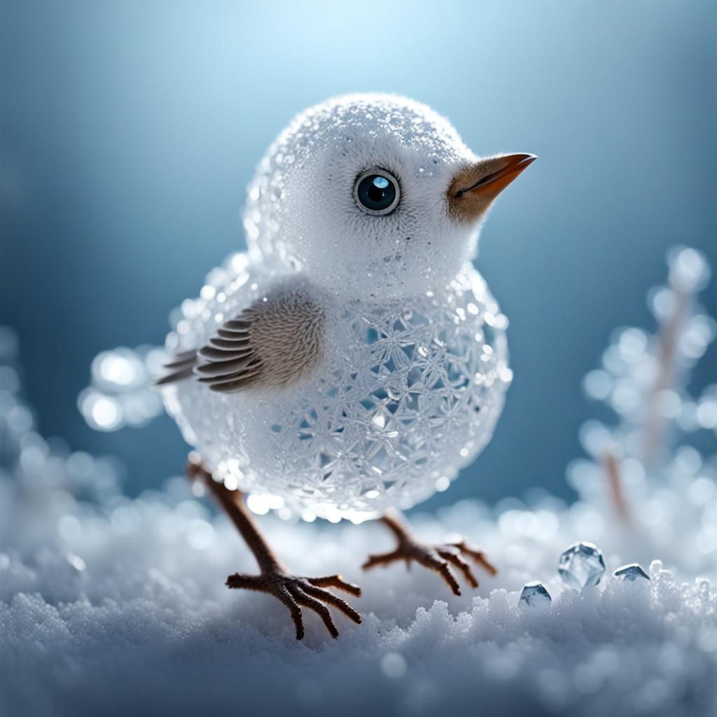 Icy Crystal Baby Bird in Photorealistic Style