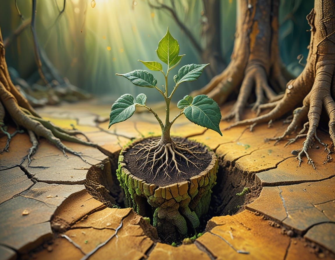 Surreal Seedling Emerges in Ethereal Oil Painting