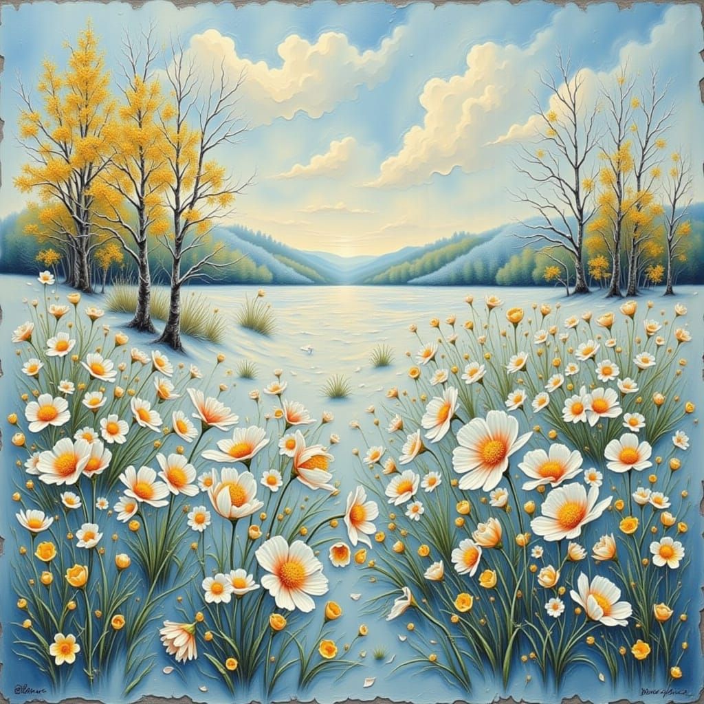 Spring Flowers Emerge in Snowy Impasto Meadow