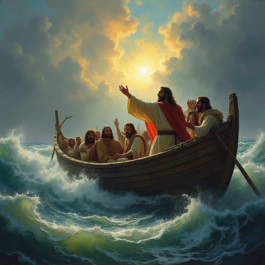 Jesus Calms Storm in Boat: Dramatic Seascape