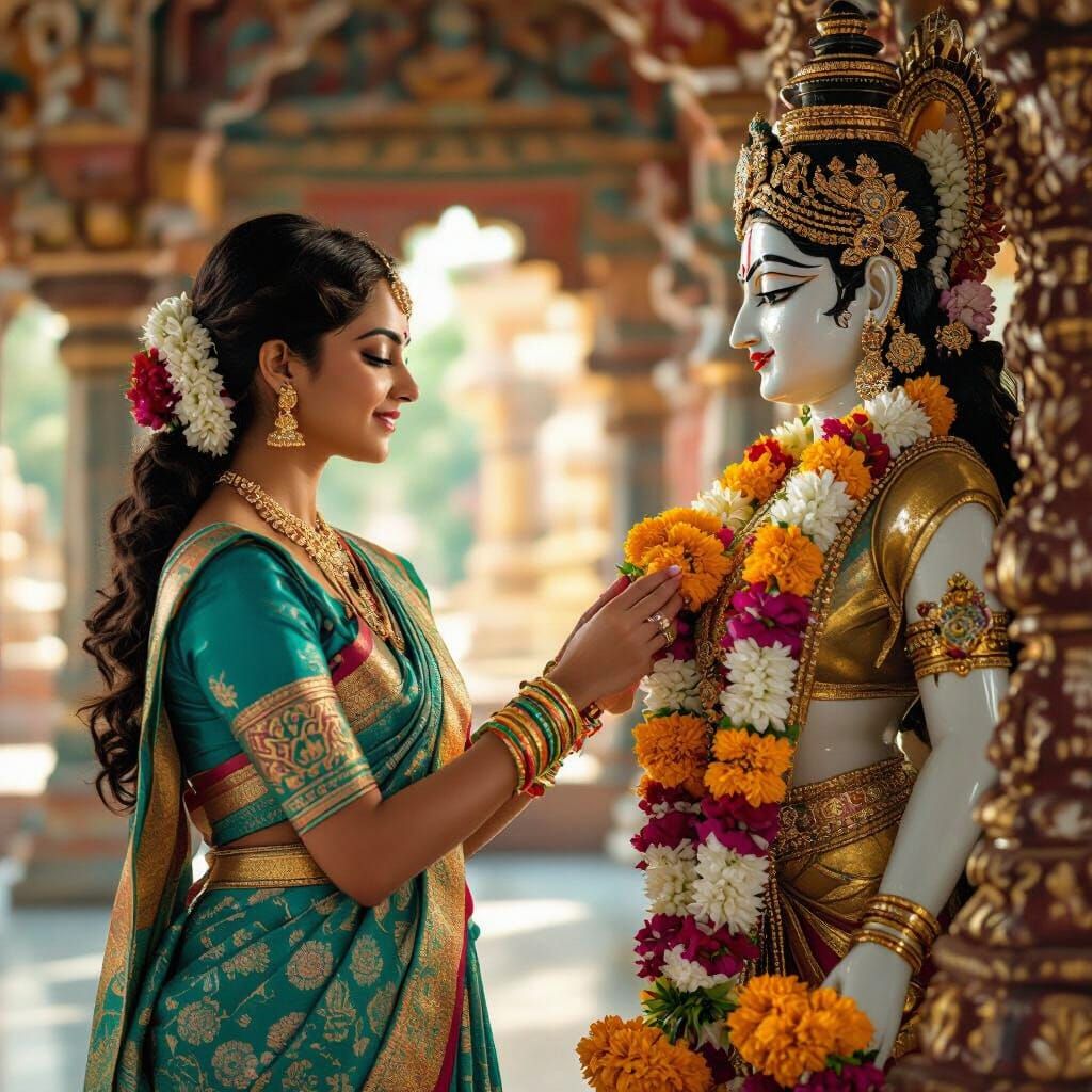 Indian Woman Offering Flowers in Temple, Raja Ravi Varma Sty...