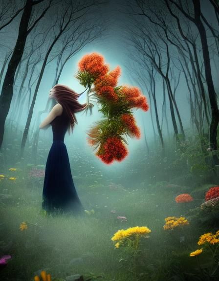 Woman in Flight with Flower, Magic Realism Style