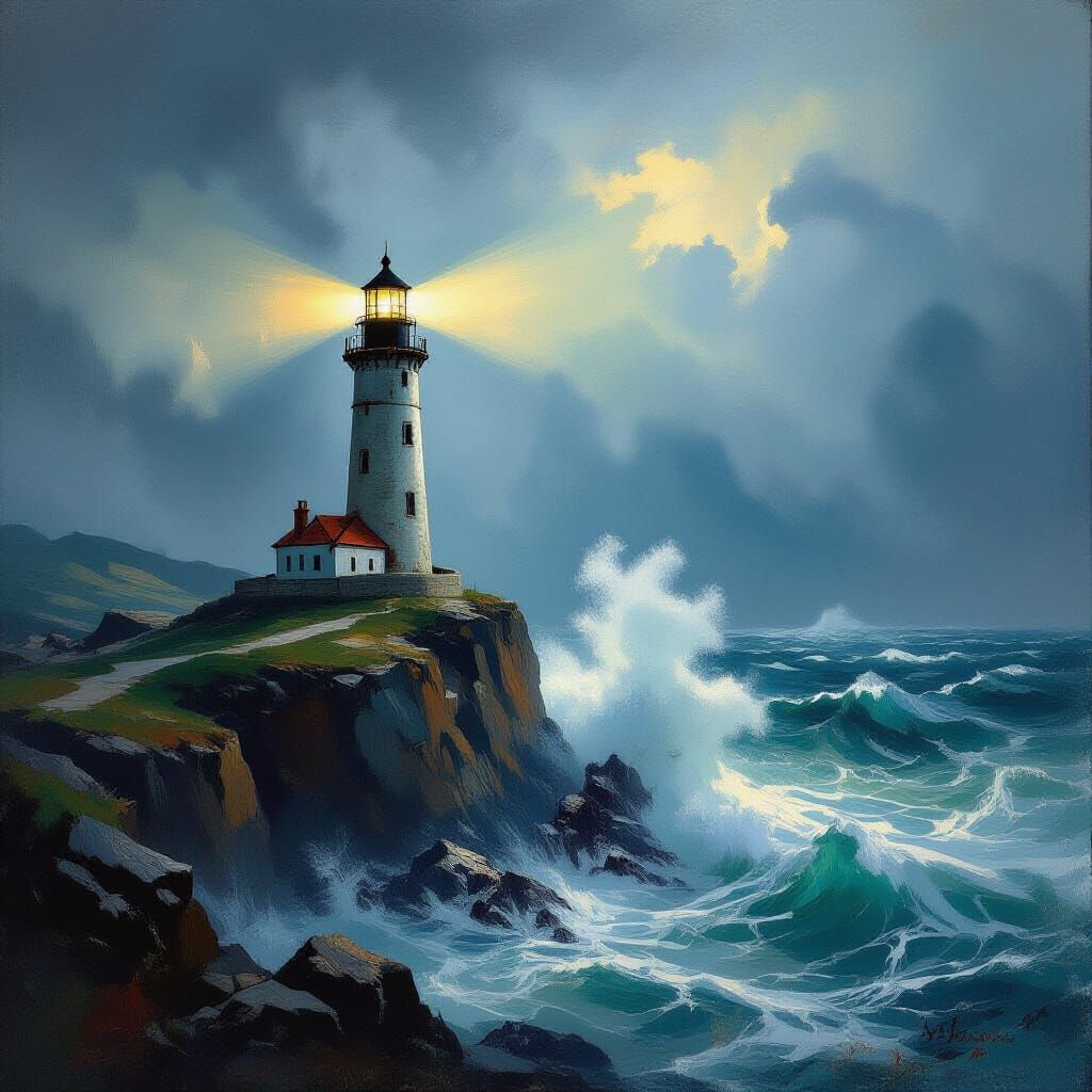Dramatic Lighthouse Guiding Ships Through Stormy Seas