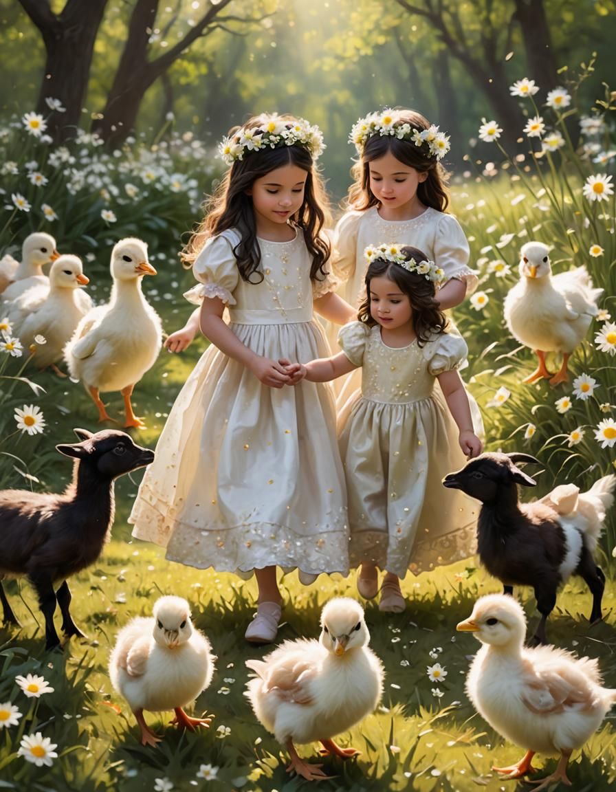 Princesses Playing with Animals in Impressionistic Light