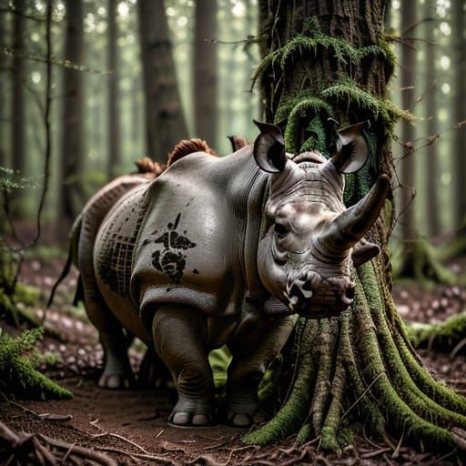 Intricately Textured Brown Tree Bark Rhino in a Lush Forest