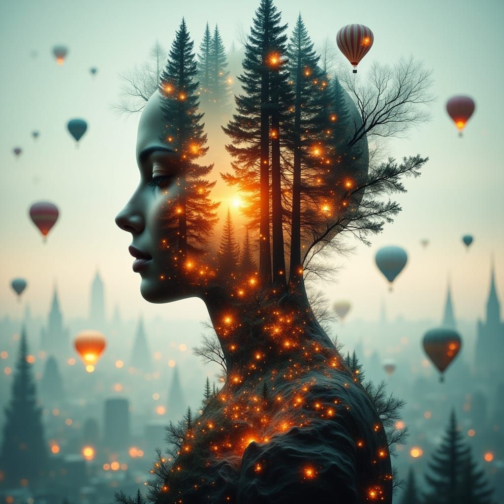 Steampunk Robot in Double Exposure Fairyland