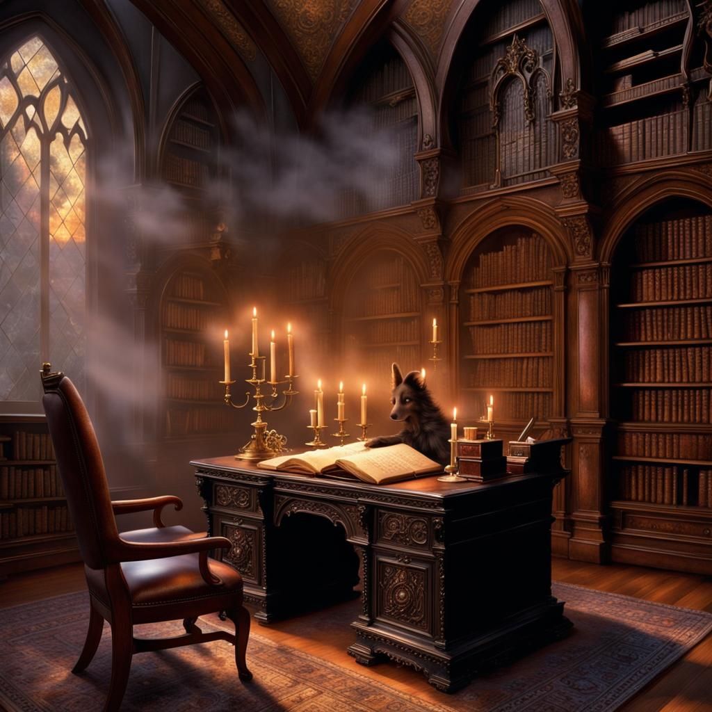 Gothic Library with Dog-Shaped Book in Ethereal Style