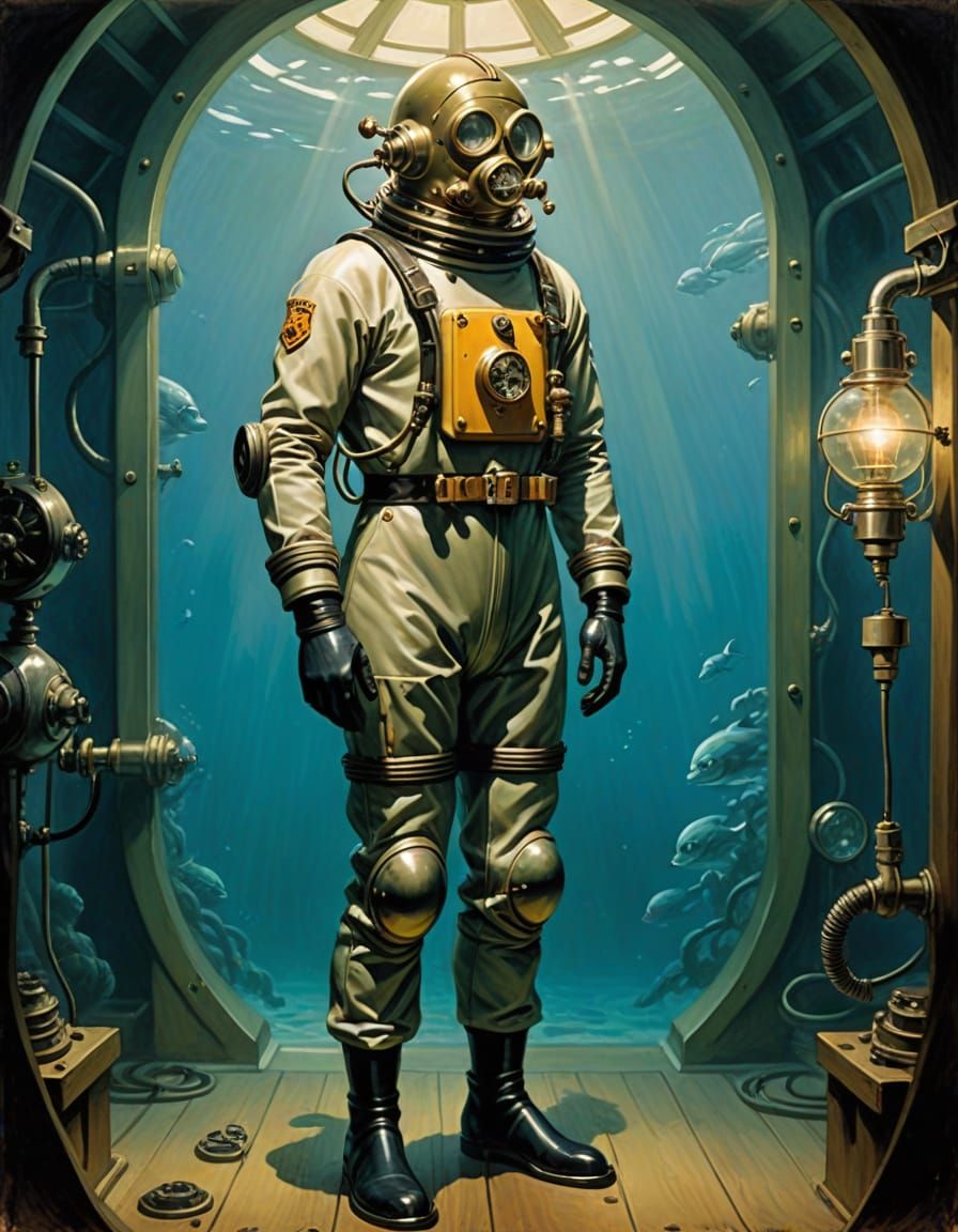 Vintage Diver in WW2 Suit Standing in a Sea Laboratory