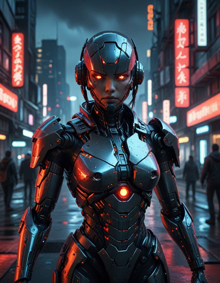 Japanese Cyborg in Cyberpunk Cityscape at Night
