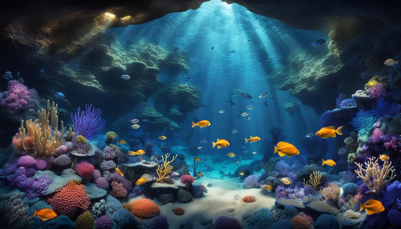 Underwater Cave with Colorful Sea Life in 8K HDR