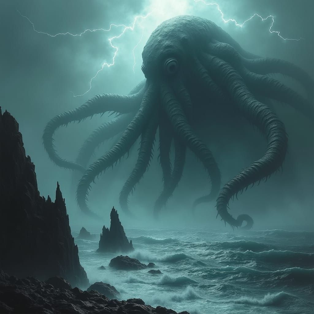 Cthulhu Rises from Stormy Ocean in Gothic Style