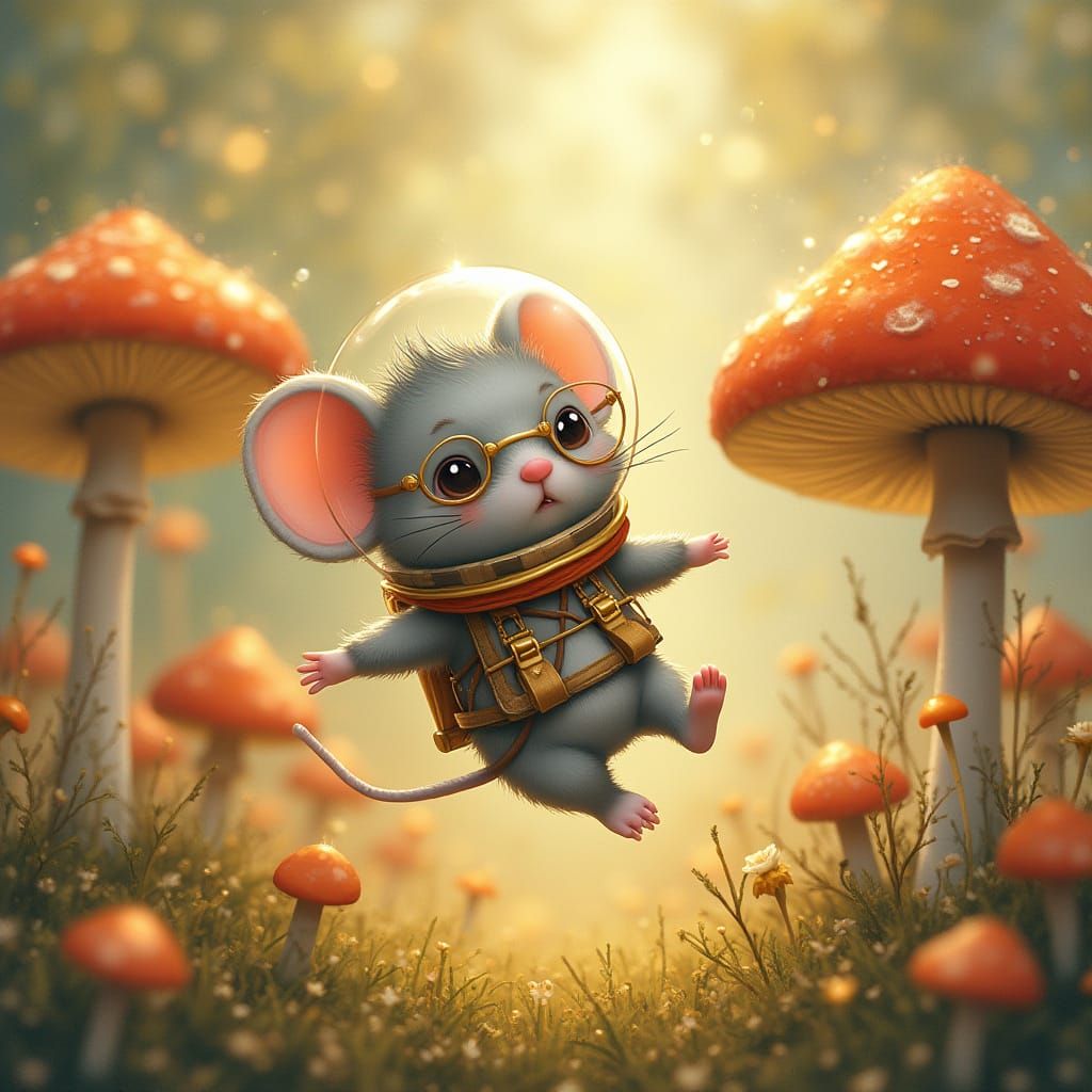 Mouse in Spacesuit Among Luminous Mushrooms