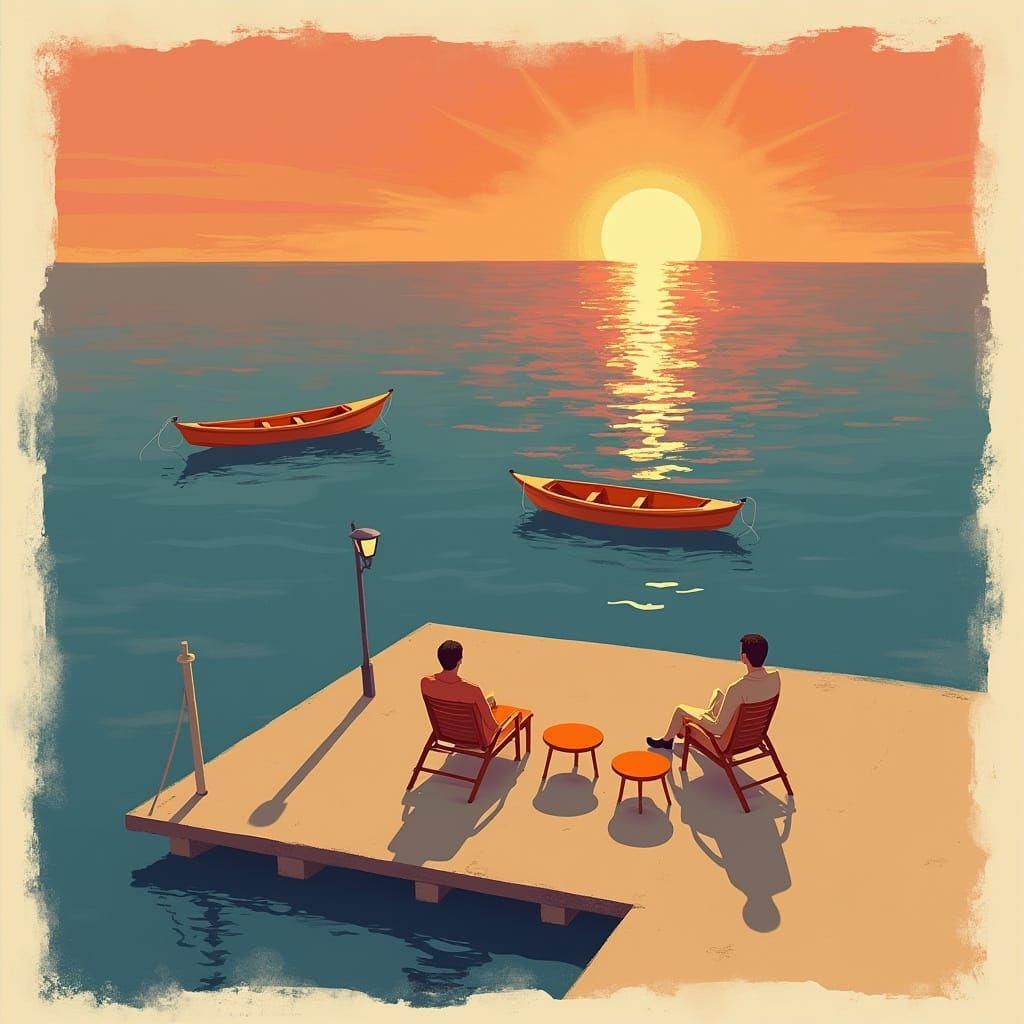 Minimalist Sunset Pier Travel Poster in Gouache Style