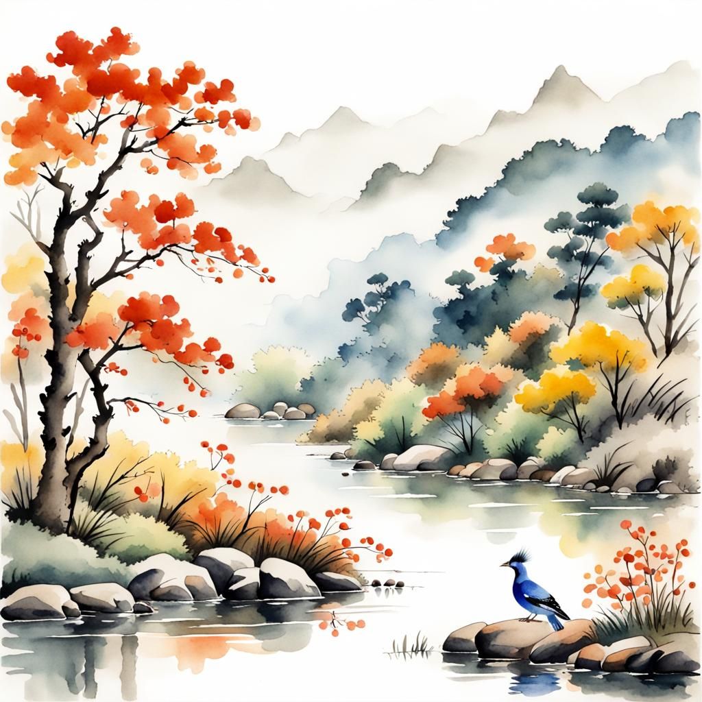 Bird in Traditional Chinese Watercolor Style