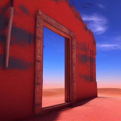 Red Door in Desert Under Blue Sky