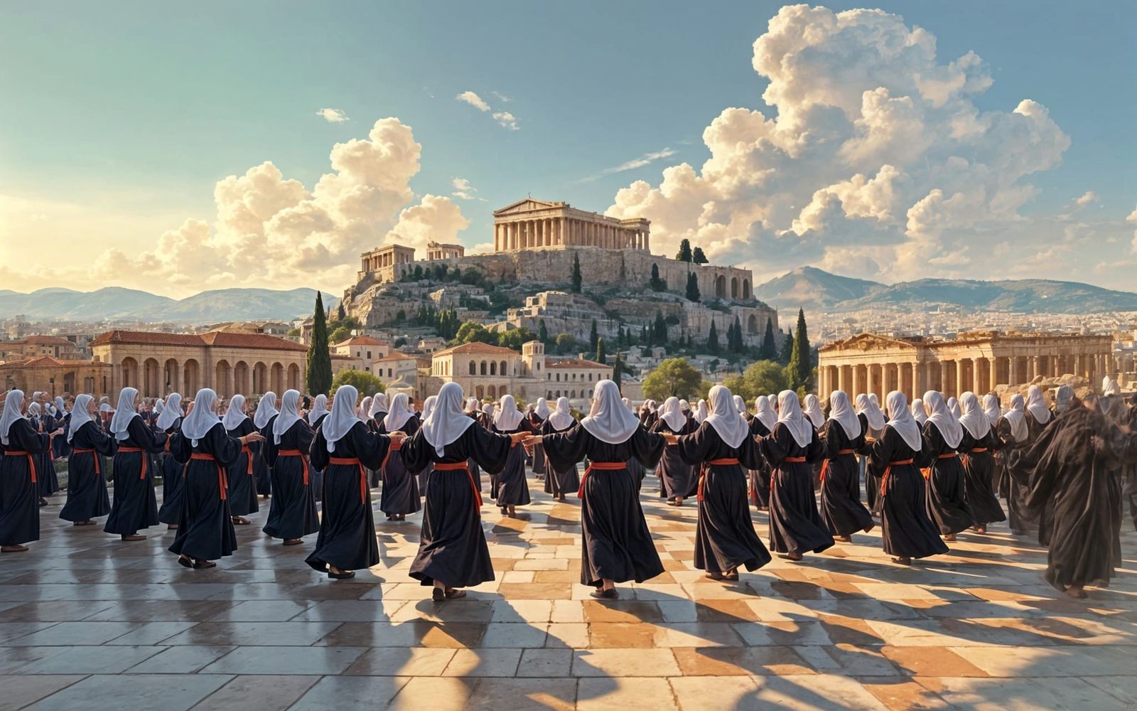Monks and Nuns Dance Sirtaki at the Acropolis