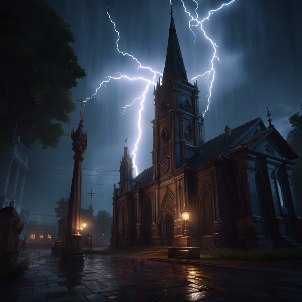 Lightning Strikes Church Spire: Dark Fantasy Concept Art