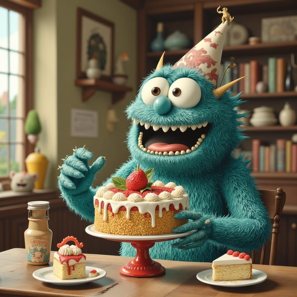 Crazy Cake Monster in a Whimsical Café Setting