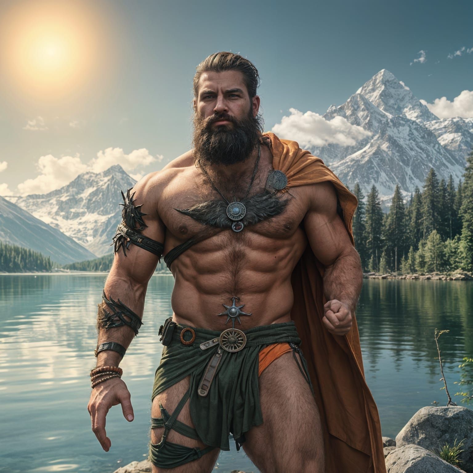 Man-King Relaxing by Lake with Mountain View