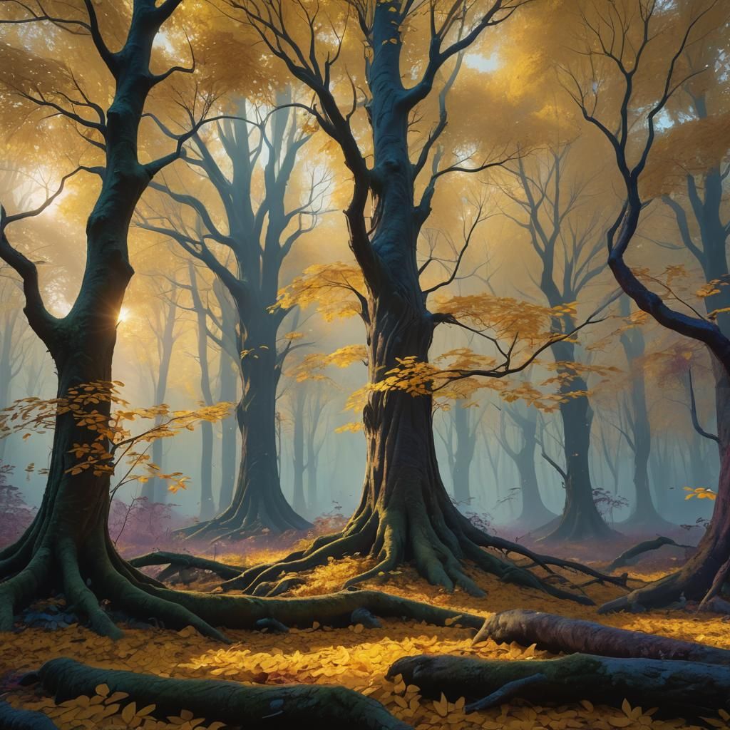 Mystical Forest with Golden Sunlight, Oil Painting