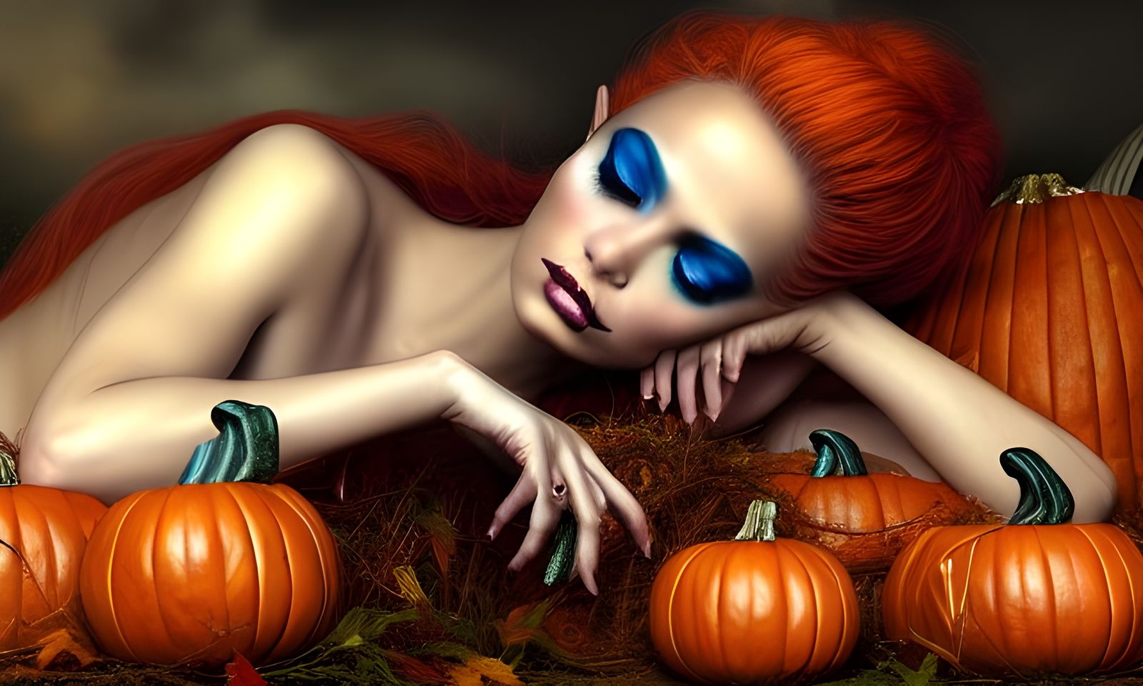 Fairy on Pumpkin Pile: Photorealistic Digital Painting