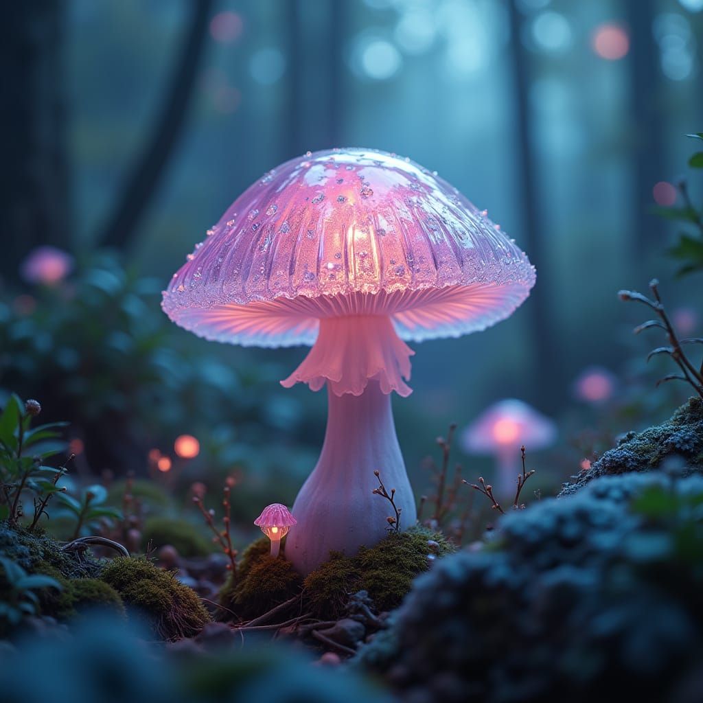 Glass Mushroom Forest in Pink and Blue Bioluminescence