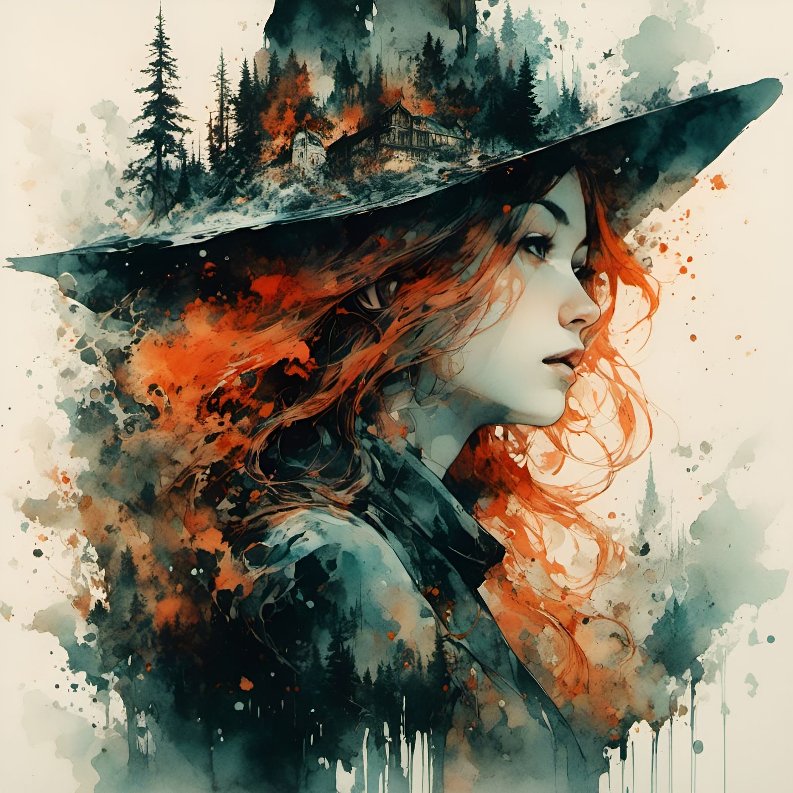 Watercolor Witch Double Exposure Portrait