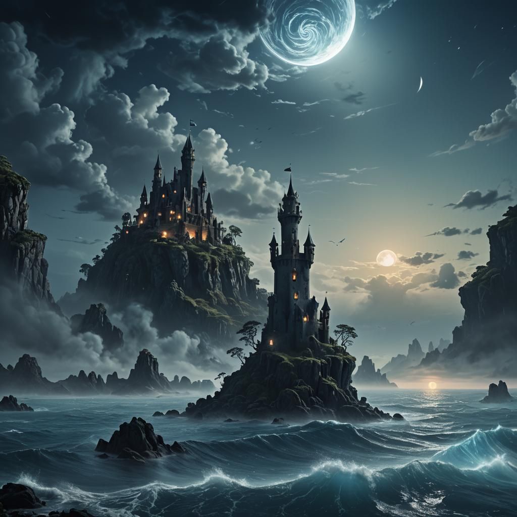 Sinister Castle Ruins on Island in Moonlight