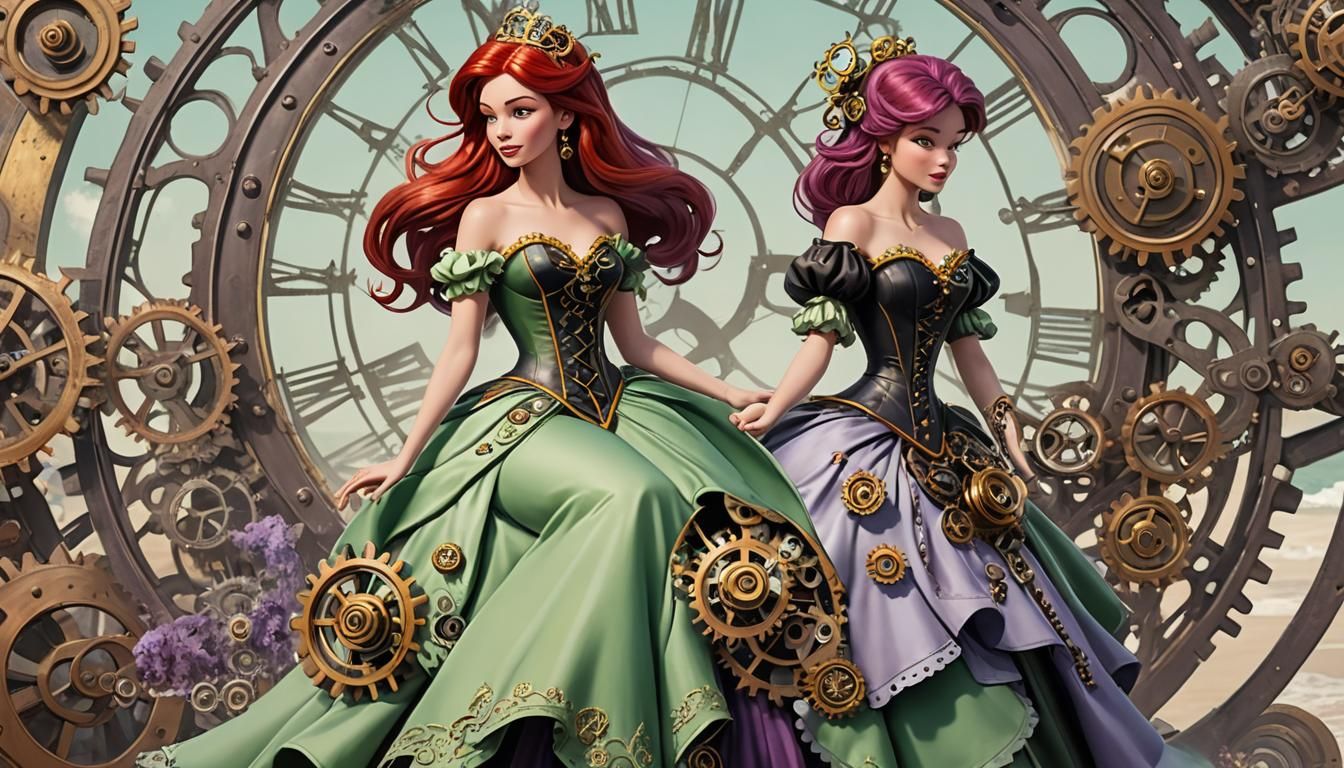 Steampunk Ariel on the Beach: A Digital Illustration