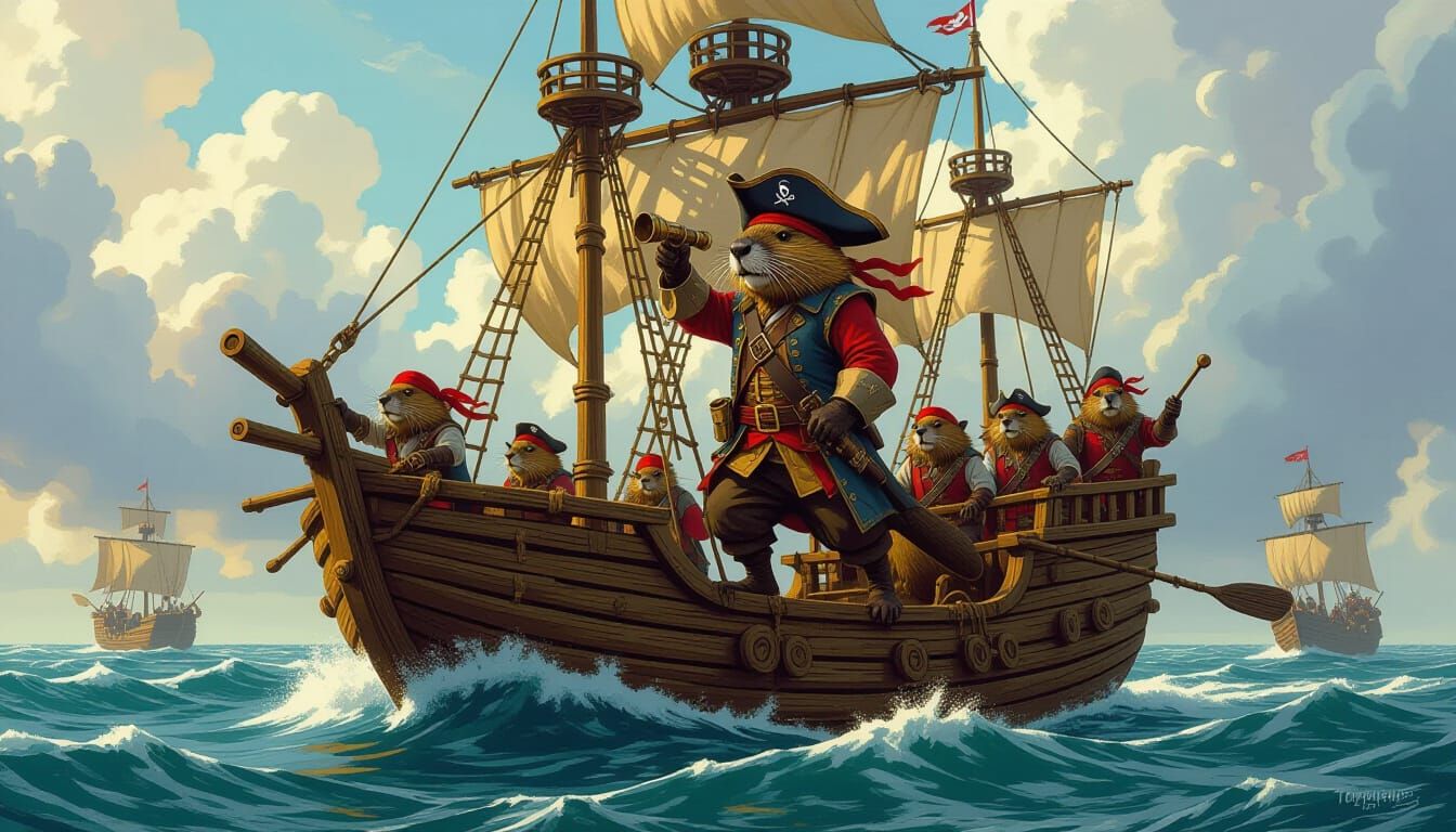 Beaver Pirate Ship Sailing in Dramatic Fantasy Concept Art