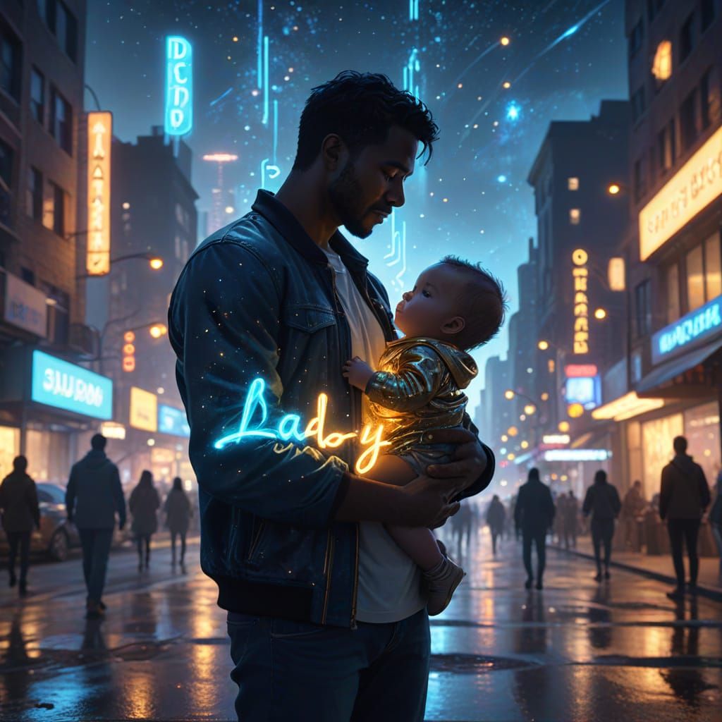 Dreamy Starlit City: Father and Baby